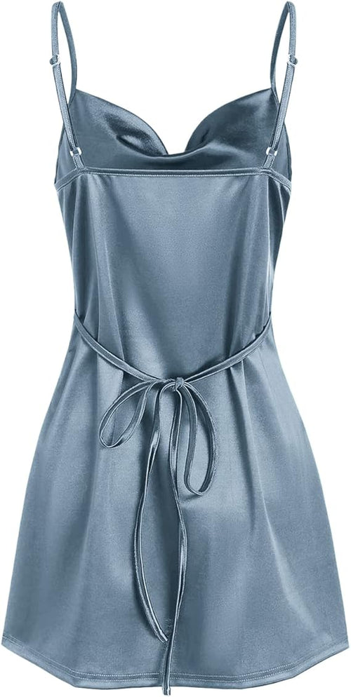 Women's Satin Sleeveless Spaghetti Strap Mini Dress Sexy Slip Cowl Neck Silky Cocktail Party Dresses