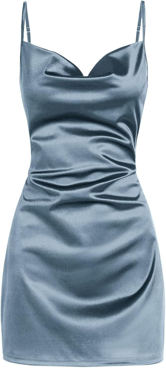 Women's Satin Sleeveless Spaghetti Strap Mini Dress Sexy Slip Cowl Neck Silky Cocktail Party Dresses