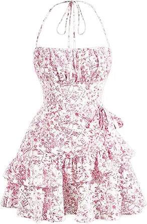 Women's Floral Halter Ruffle Tiered Cute Summer Mini Dress Milkmaid Vacation Sundress