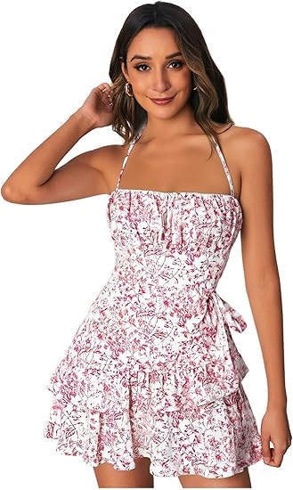 Women's Floral Halter Ruffle Tiered Cute Summer Mini Dress Milkmaid Vacation Sundress